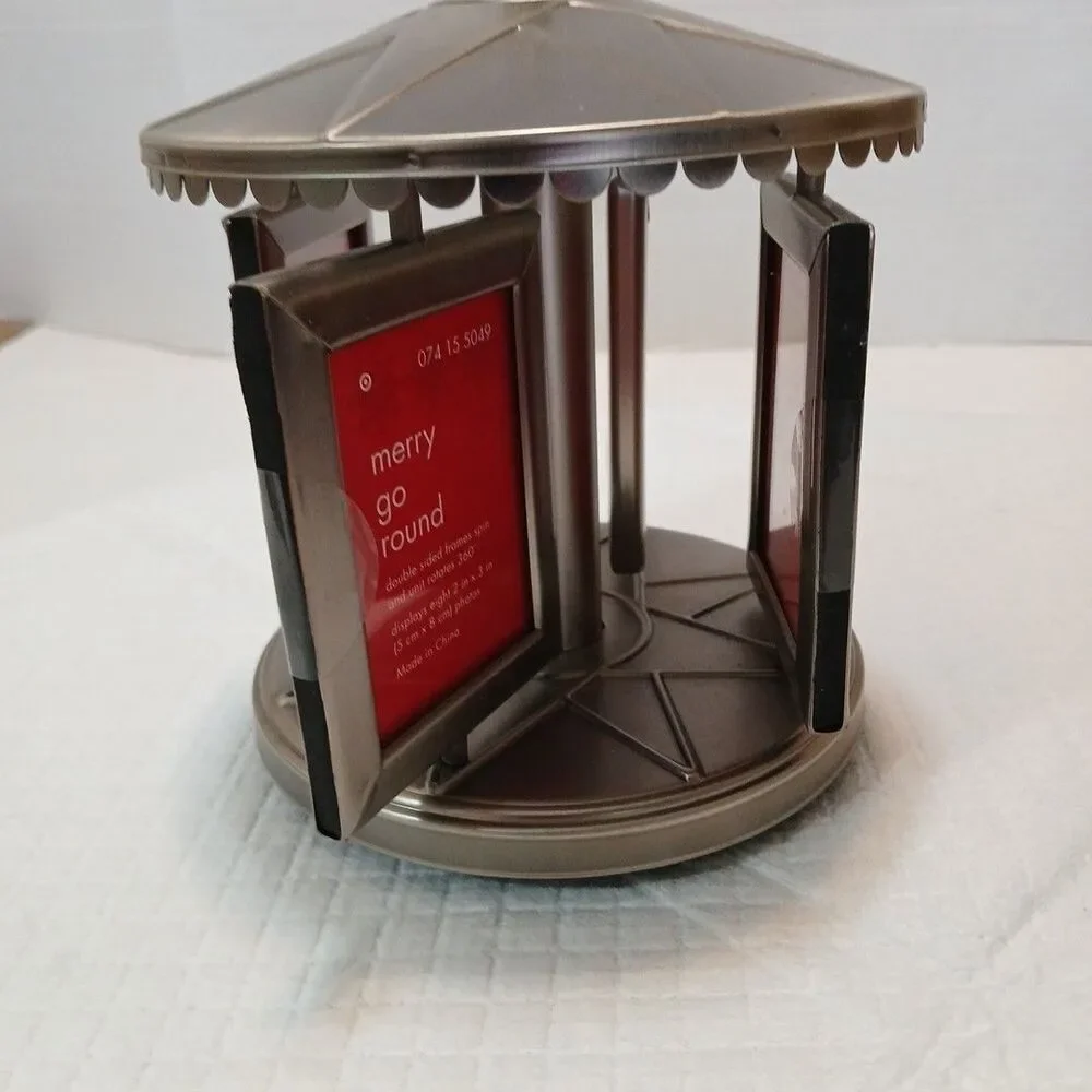 VTG Merry Go Round Double Sided Frame Spin & Unit 360° 2×3 Photos Metal Pewter